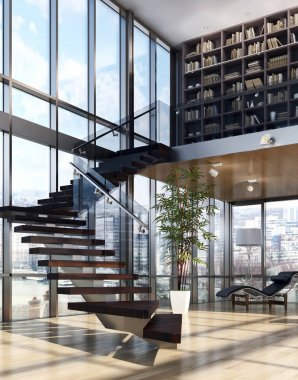 Modern parlak iç. 3D render illüstrasyon