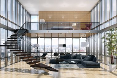 Modern parlak iç. 3D render illüstrasyon