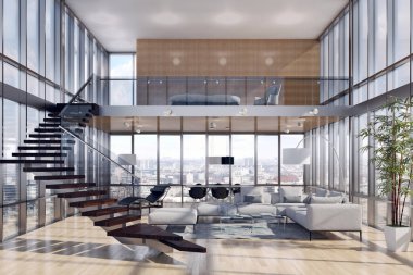 Modern parlak iç. 3D render illüstrasyon