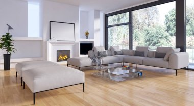 Modern parlak iç. 3D render illüstrasyon