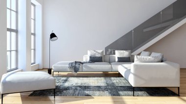 Modern parlak iç. 3D render illüstrasyon