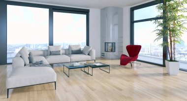 Modern parlak iç. 3D render illüstrasyon