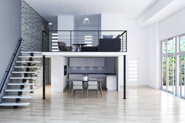 Modern parlak iç. 3D render illüstrasyon