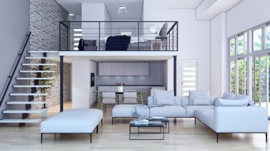 Modern parlak iç. 3D render illüstrasyon