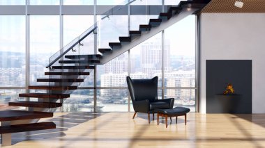 Modern parlak iç. 3D render illüstrasyon