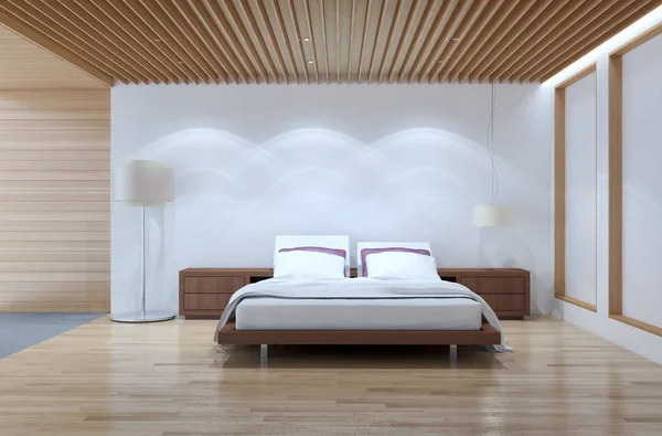 现代明亮的卧室内饰3d 渲染插图 — 图库照片