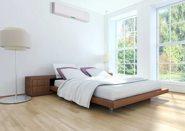 Σύγχρονο κρεβάτι φωτεινό δωμάτιο εσωτερικούς χώρους 3d rendering εικονογράφηση — Φωτογραφία Αρχείου