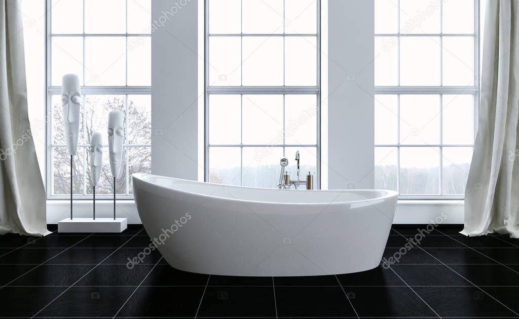 Modern bright bathroom interiors 3D rendering 