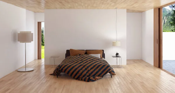 Moderno dormitorio luminoso interiores 3D renderizado —  Fotos de Stock