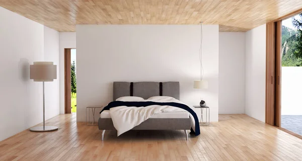 Μοντέρνο κρεβάτι φωτεινό εσωτερικό δωματίων 3d rendering — Φωτογραφία Αρχείου