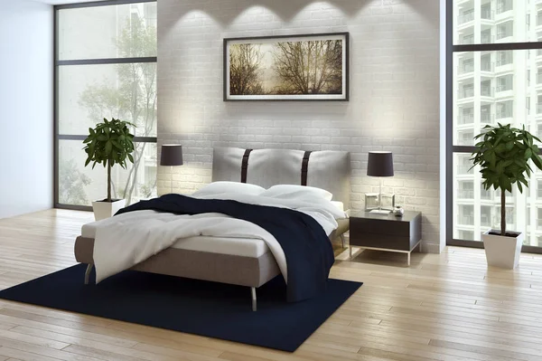 Moderno quarto de cama brilhante interiores 3D renderização — Fotografia de Stock