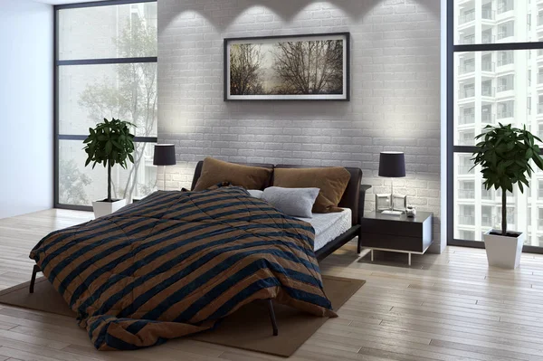 현대 밝은 침대 룸 인테리어 3d 렌더링 — 스톡 사진