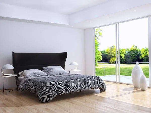 Современные светлые номера с двуспальной кроватью 3D рендеринг — стоковое фото