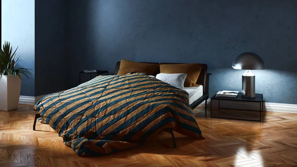 Moderní postel světlých interiérů 3d vykreslování — Stock fotografie