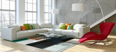 modern parlak iç mekan 3D resimleme