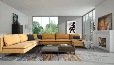 Modern bright interiors 3D rendering illustration clipart