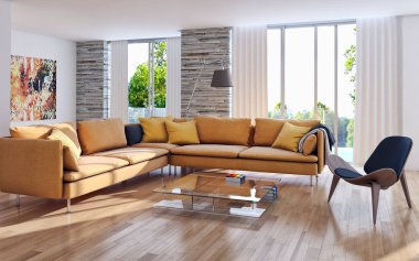 modern parlak iç mekan 3D resimleme