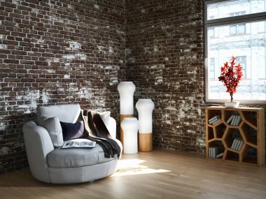 modern parlak iç mekan 3D resimleme