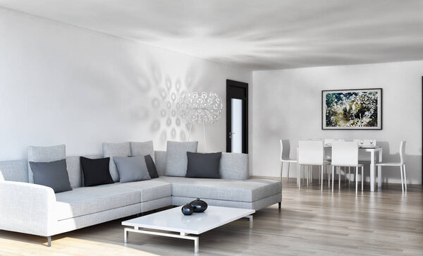 Modern bright interiors 3D rendering illustration