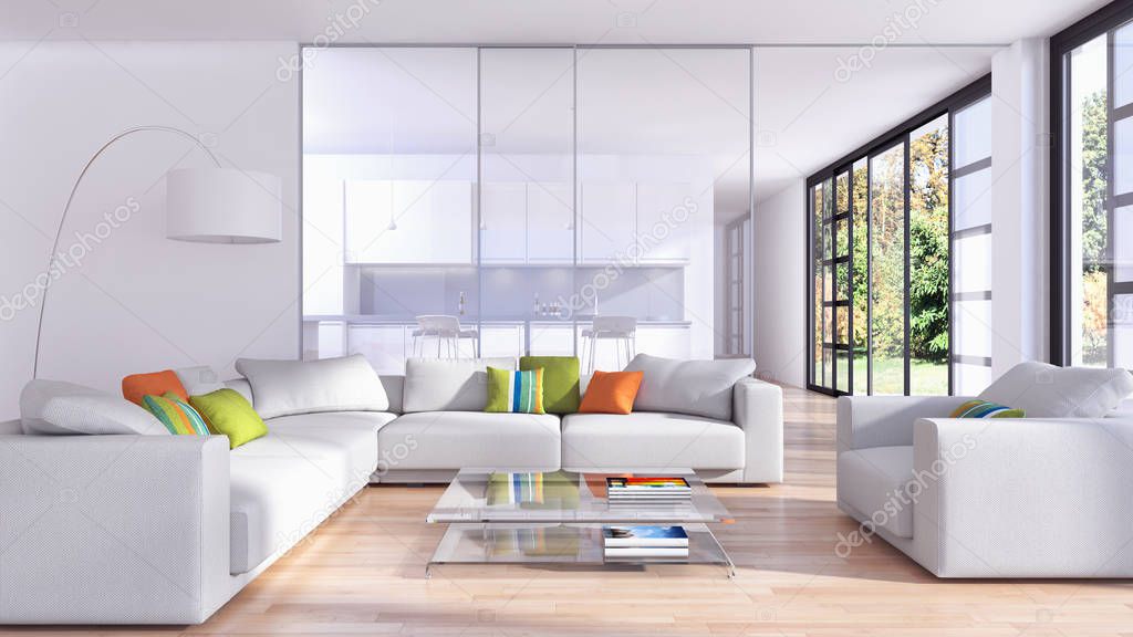 Modern bright interiors 3D rendering illustration