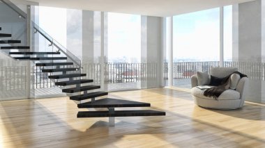 modern parlak iç mekan 3D resimleme