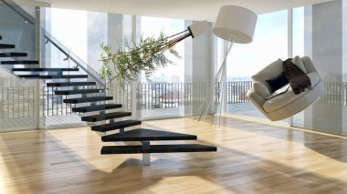 modern parlak iç mekan 3D resimleme