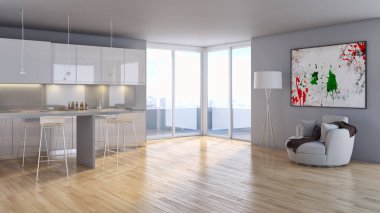 modern parlak iç mekan 3D resimleme