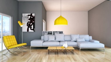 modern parlak iç mekan 3D resimleme