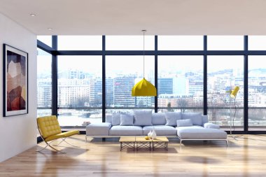 modern parlak iç mekan 3D resimleme