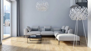 modern parlak iç mekan 3D resimleme