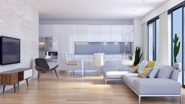 modern parlak iç mekan 3D resimleme