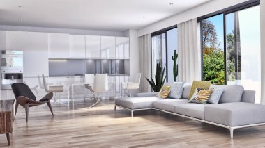 modern parlak iç mekan 3D resimleme