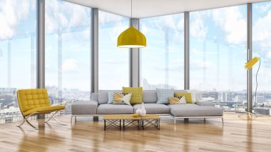 modern parlak iç mekan 3D resimleme