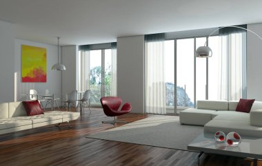 modern parlak iç mekan 3D resimleme