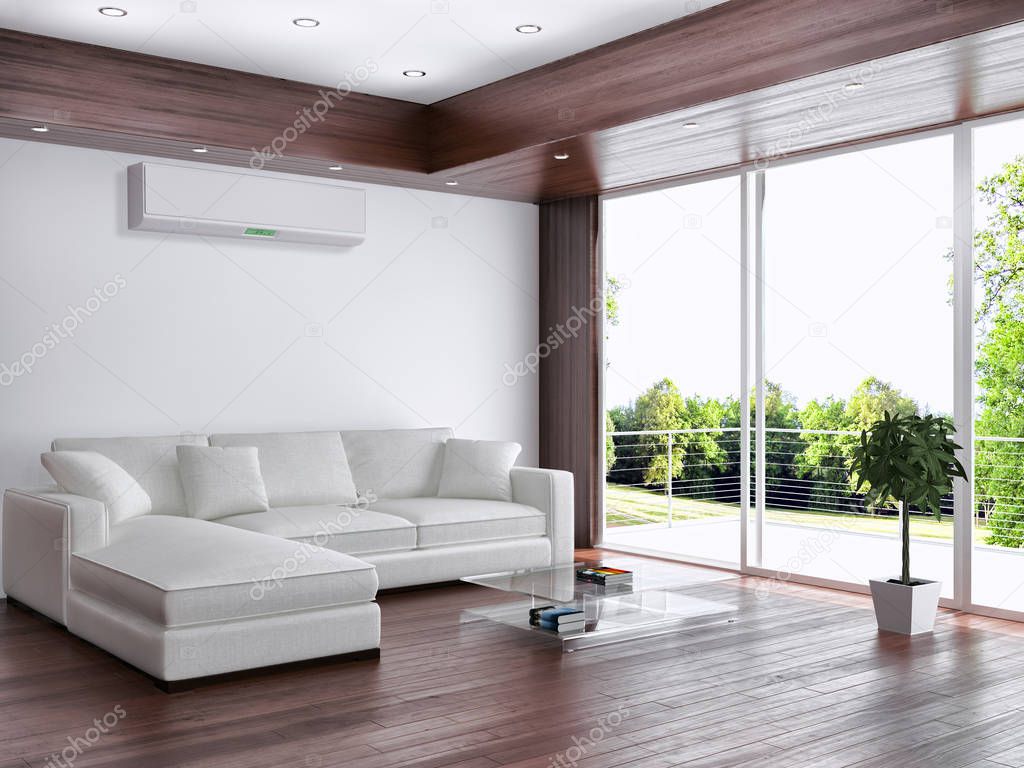 Modern bright interiors 3D rendering illustration