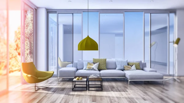 Modernos interiores luminosos apartamento 3D representación ilustración — Foto de Stock