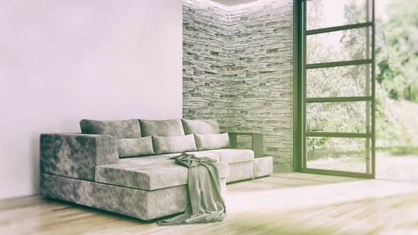 Modernos interiores luminosos apartamento 3D representación ilustración —  Fotos de Stock