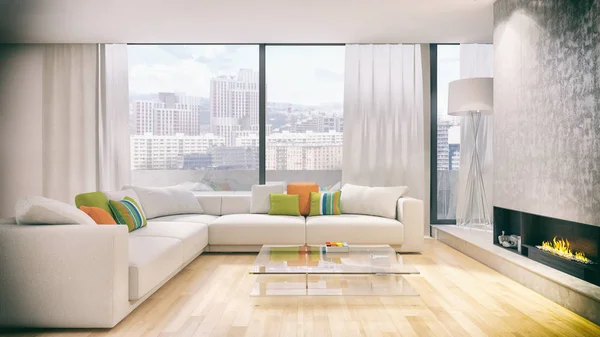 明るい内装のモダンなアパートメント 3 d レンダリング図 — ストック写真