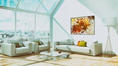 Modern parlak iç daire 3d render illüstrasyon