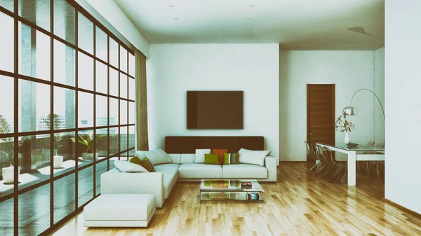 Nowoczesne, jasne wnętrza mieszkania 3d renderowania ilustracja — Zdjęcie stockowe