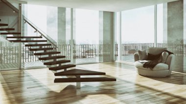 Modern parlak iç daire 3d render illüstrasyon