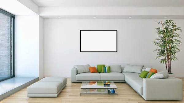 现代明亮的室内公寓与样机海报框架3d 重新 — 图库照片