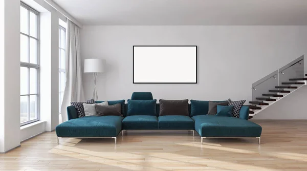 Moderno apartamento de interiores luminosos con marco de póster maqueta 3D re — Foto de Stock