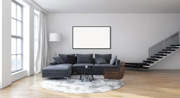现代明亮的室内公寓与样机海报框架3d 重新 — 图库照片