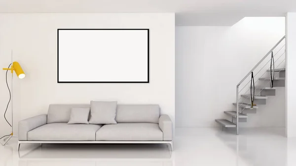 Moderno apartamento de interiores luminosos con marco de póster maqueta 3D re —  Fotos de Stock