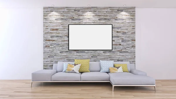 Moderno appartamento luminoso interni con cornice poster mockup rendering 3D — Foto Stock