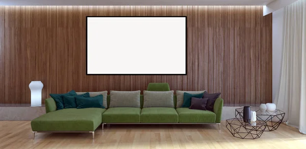 Mieszkanie nowoczesne jasne wnętrza z ramki plakat makieta renderowania 3d — Zdjęcie stockowe