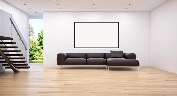 Moderno apartamento de interiores luminosos com moldura de cartaz mockup 3D renderização — Fotografia de Stock