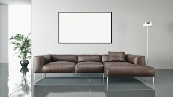 Mieszkanie nowoczesne jasne wnętrza z ramki plakat makieta renderowania 3d — Zdjęcie stockowe