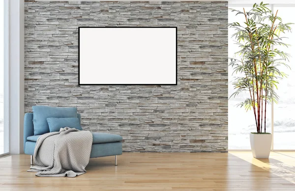 Moderno appartamento luminoso interni con cornice poster mockup rendering 3D — Foto Stock
